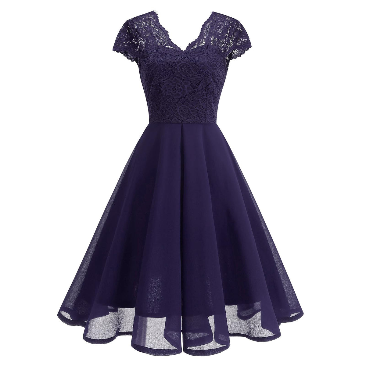 Rochie de cocktail vintage anii 1950, până la genunchi, decolteu în V, șifon și dantelă, croială cloș în A – Mov L