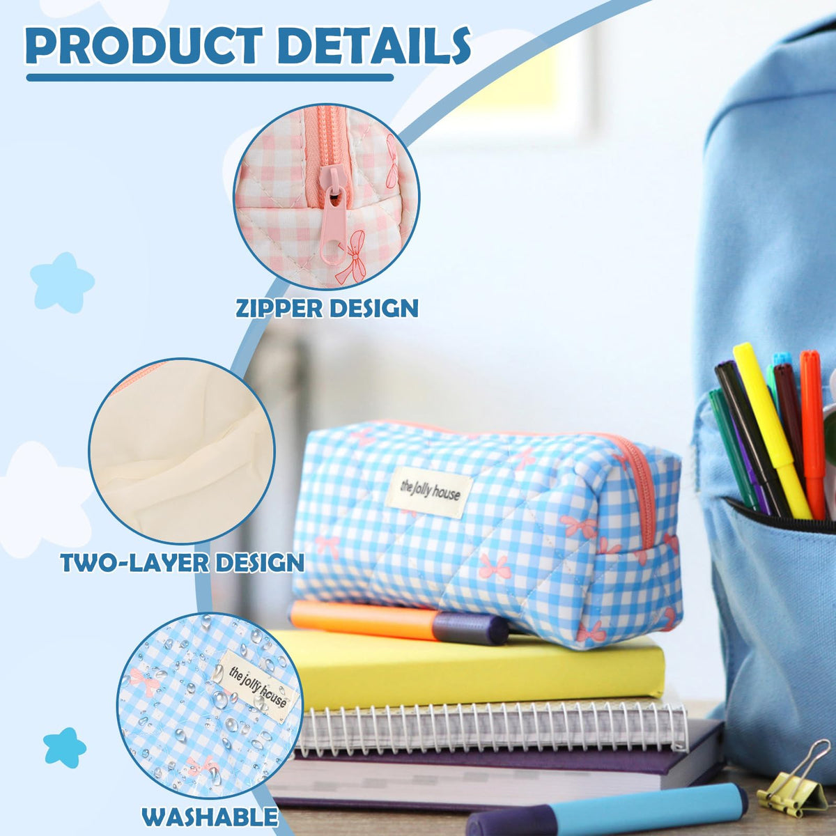 Quilted Bow Pencil Case Wide Opening Portable Pouch for School Office Cosmetics – Assorted