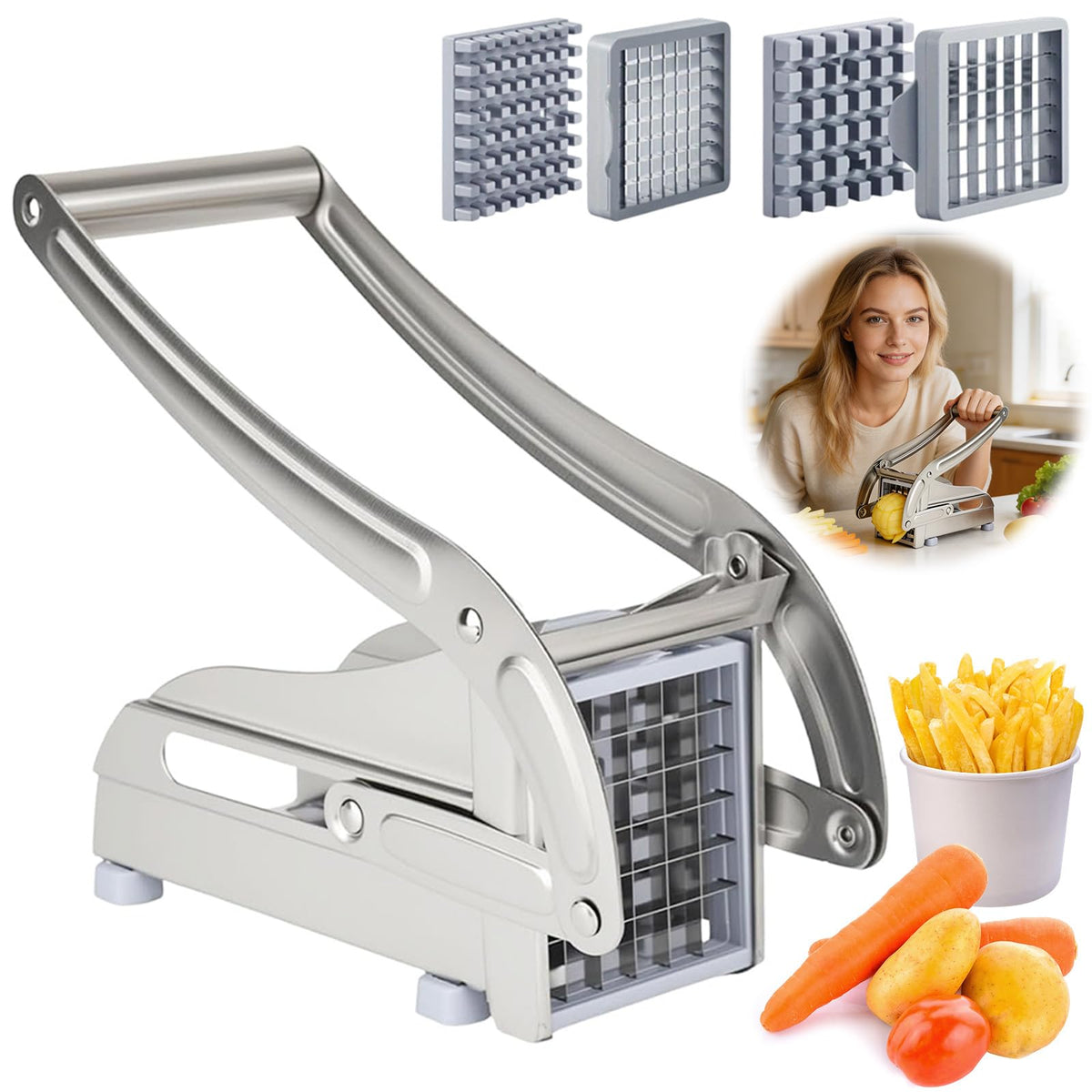 Aparat manual din inox pentru tăiat cartofi pai cu 2 mărimi de lame și ventuză