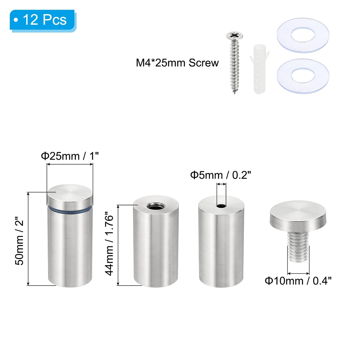 Șuruburi distanțiere din inox pentru fixare panouri și tablouri acrilice, set 12 bucăți – Argintiu
