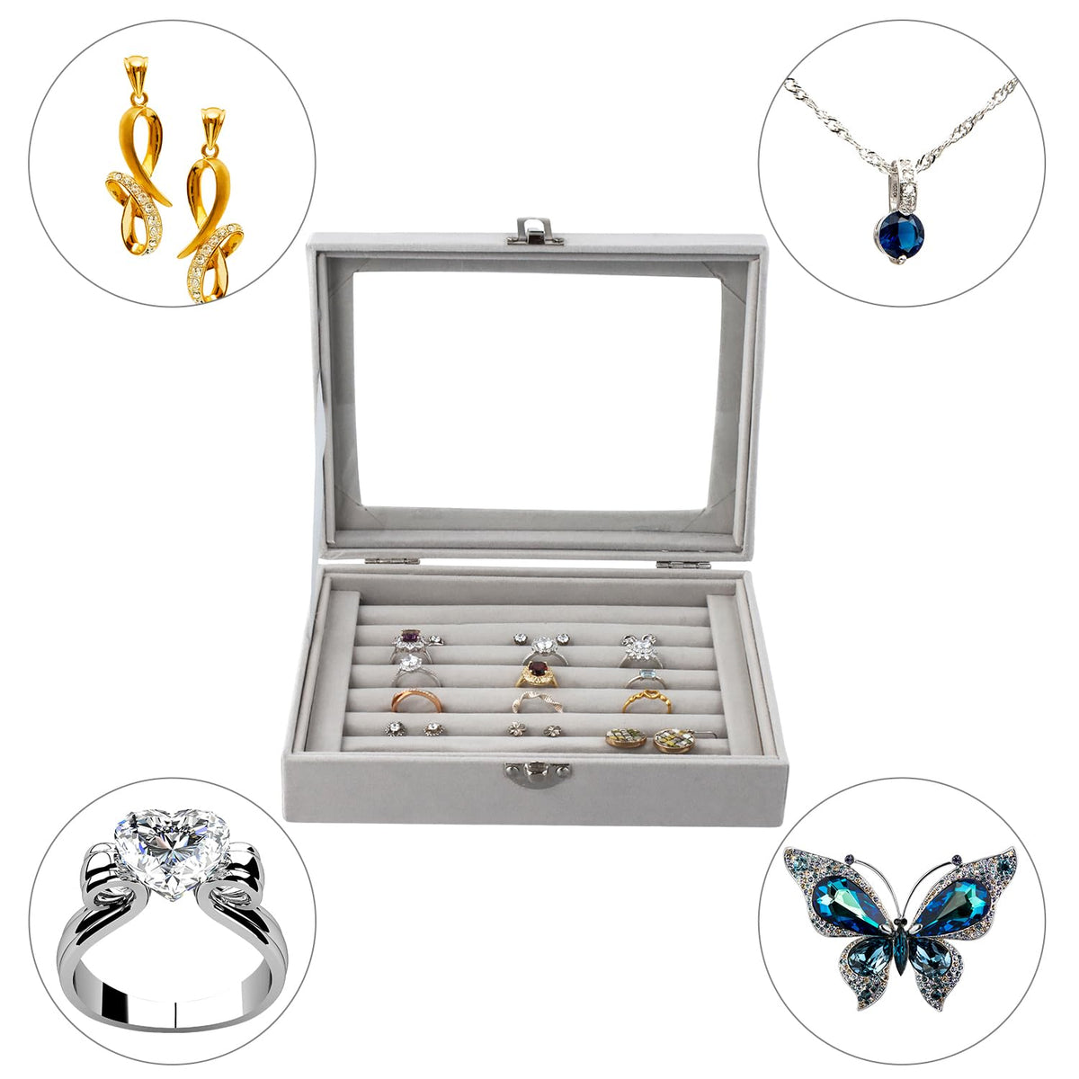 Velvet Jewellery Box 7-Compartment Ring Organizer with Transparent Lid