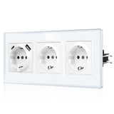 CNBINGO USB triple socket with claws - glass Schuko socket flush-mounted with USB connection - 1× (Type-C and USB-A Max.2.1 Amp) - triple white wall socket with child safety lock - JFGM1