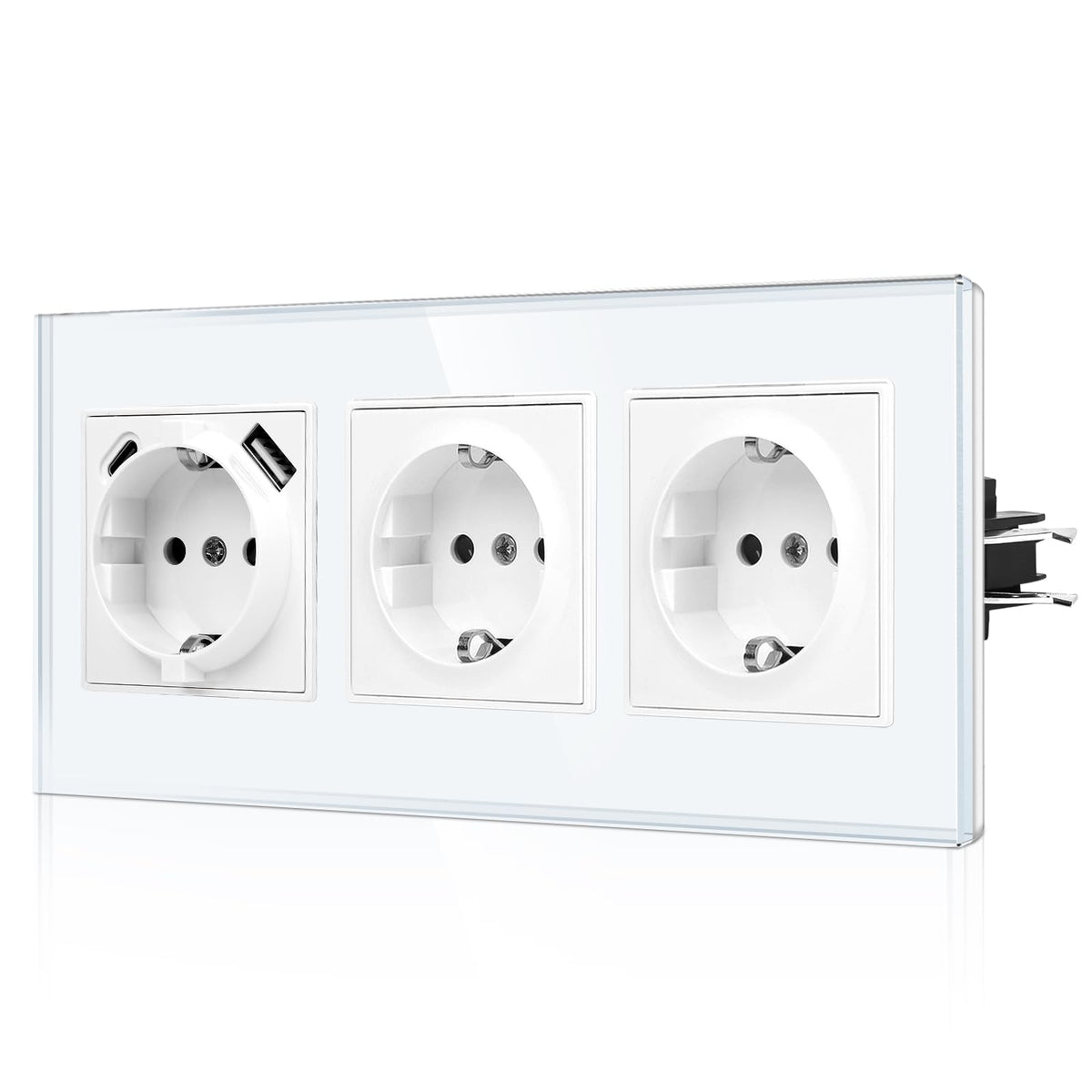CNBINGO USB triple socket with claws - glass Schuko socket flush-mounted with USB connection - 1× (Type-C and USB-A Max.2.1 Amp) - triple white wall socket with child safety lock - JFGM1
