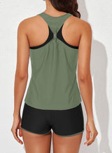 Costum de baie tankini sportiv din 3 piese damă cu talie înaltă – Verde L