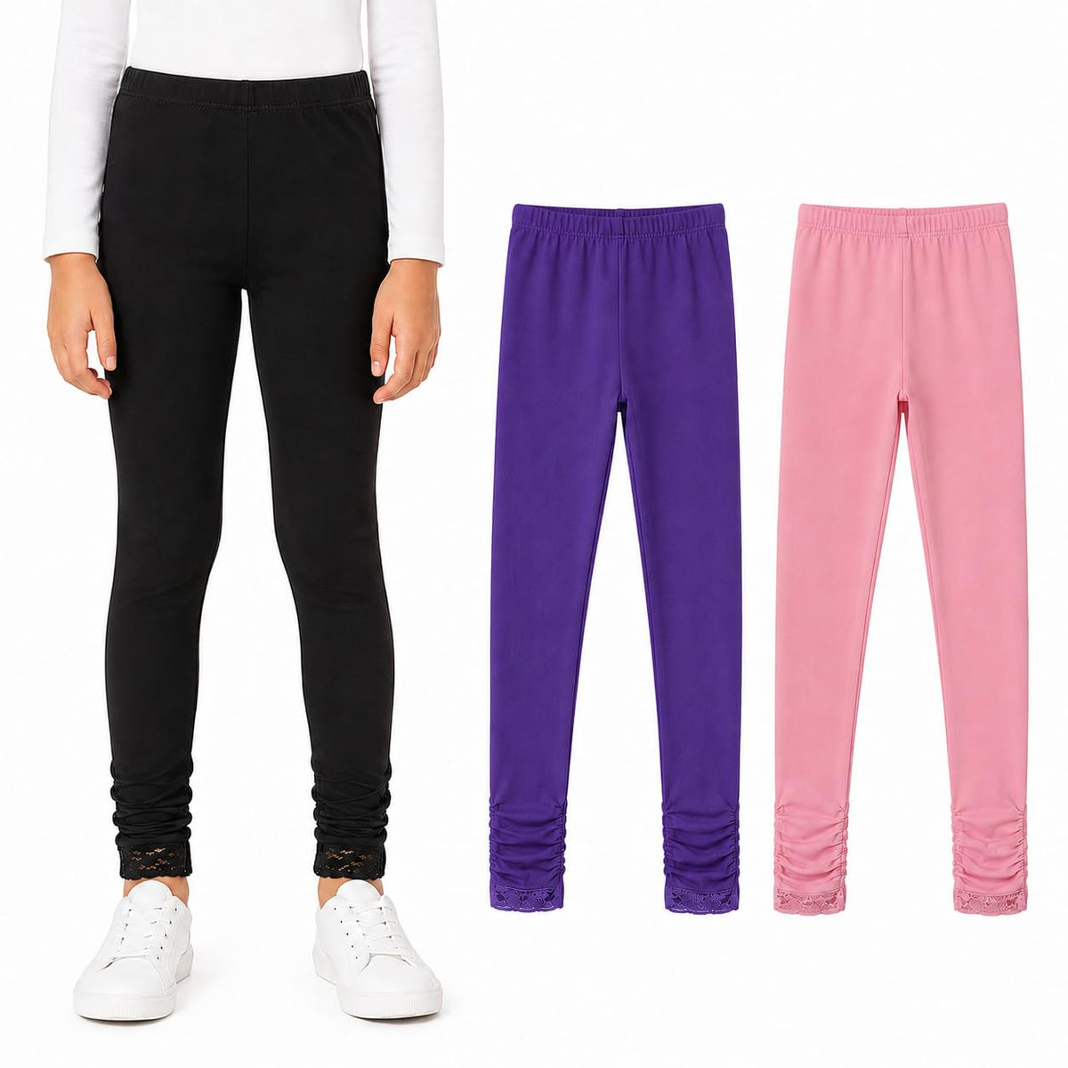 Girls' Knitted Stretch Leggings Cotton School Yoga Tights – Black Purple Light Pink 146
