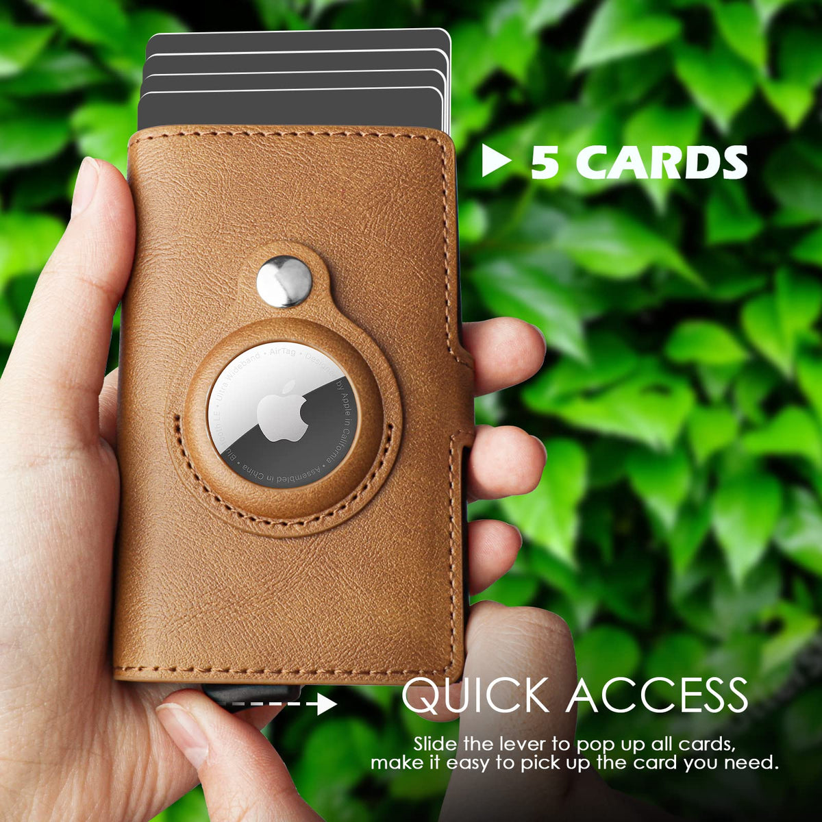 Portofel de carduri din piele cu mecanism pop-up protecție RFID și slot AirTag – Maro