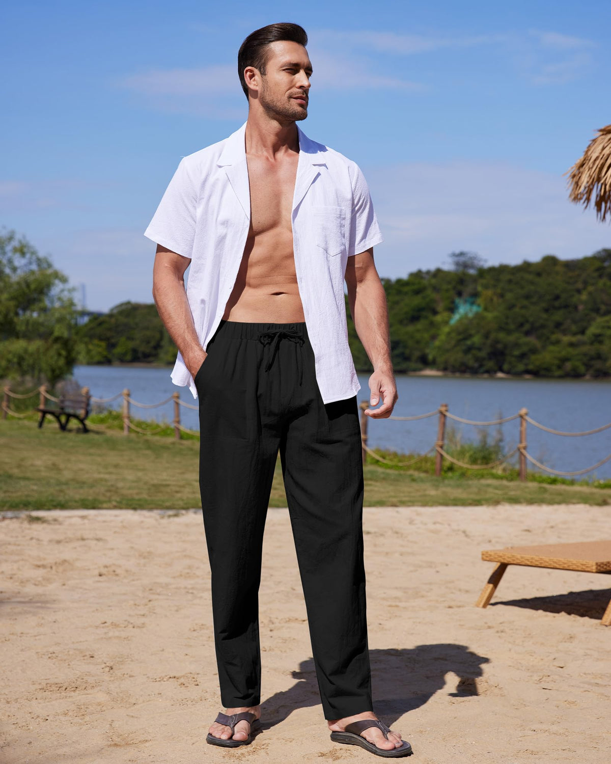Men's Stretch Beach Yoga Trousers Lightweight Summer Pants – Black 3XL