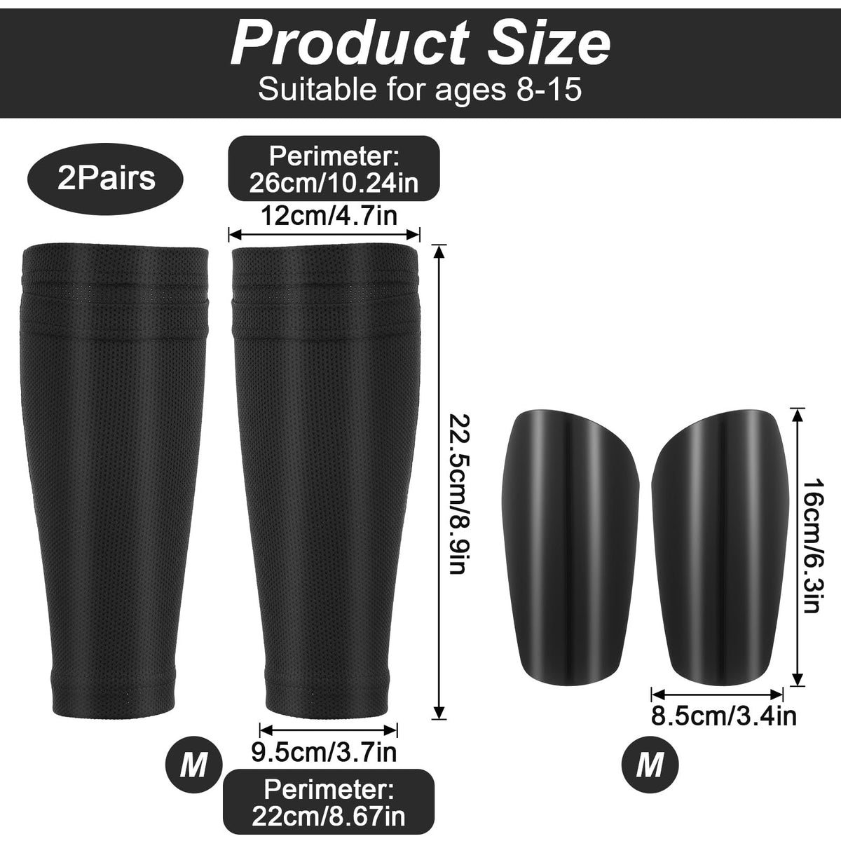 Football Shin Guard Socks 2 Pairs + Kids Shin Pads 1 Pair Anti-Slip – M