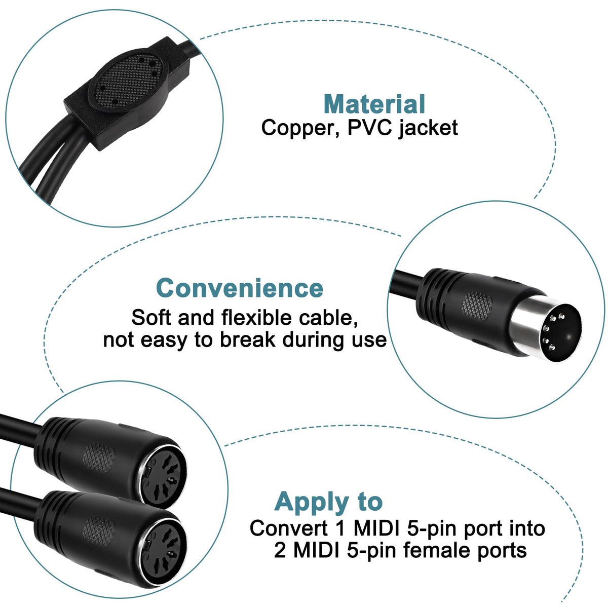 MEIRIYFA MIDI DIN 5-Pin Splitter Y Adapter Cable, Din 5-Pin Male to Dual 2x Female Audio MIDI Adapter Extension Cable for MIDI Keyboard, E-Piano, MIDI Guitar - 0.5M