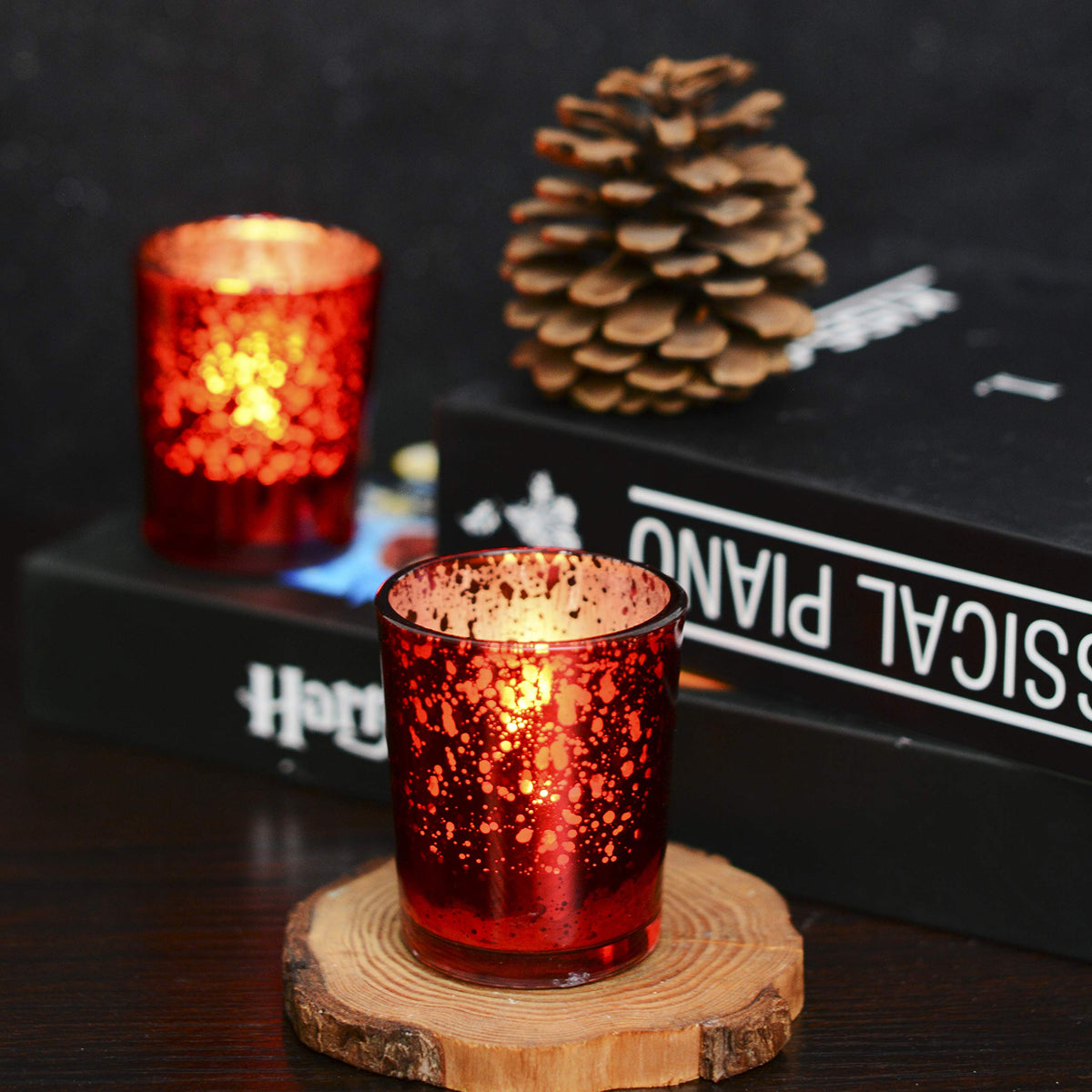 FUND AMLIGHT red tealight glasses set of 12, spotted tealight holder glass, table decoration votive candle holder, candle glasses for tealight decoration, centerpieces for wedding, banquet, business reception, ceremony.
