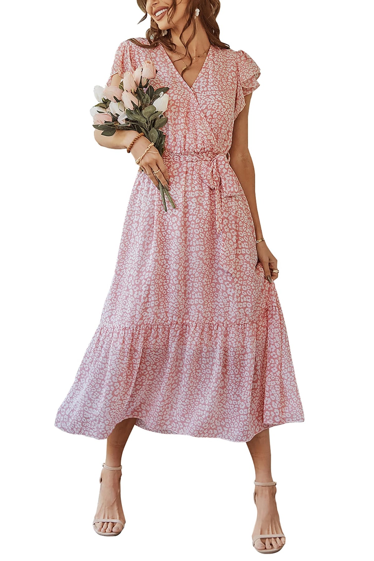 Rochie lungă de vară boemă Awemeal cu decolteu în V, cordon și volane – Roz Floral L