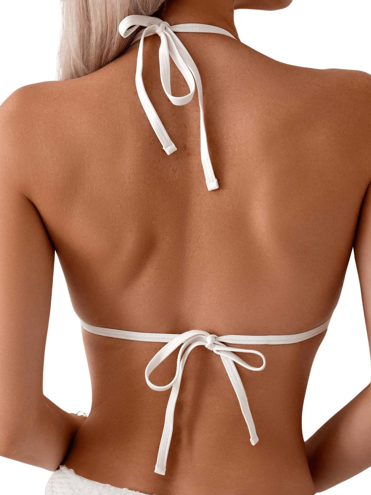 Costum de baie două piese GORGLITTER triunghi halter cu lanțuri și perle – Alb M