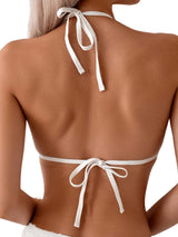 Costum de baie două piese GORGLITTER triunghi halter cu lanțuri și perle – Alb M