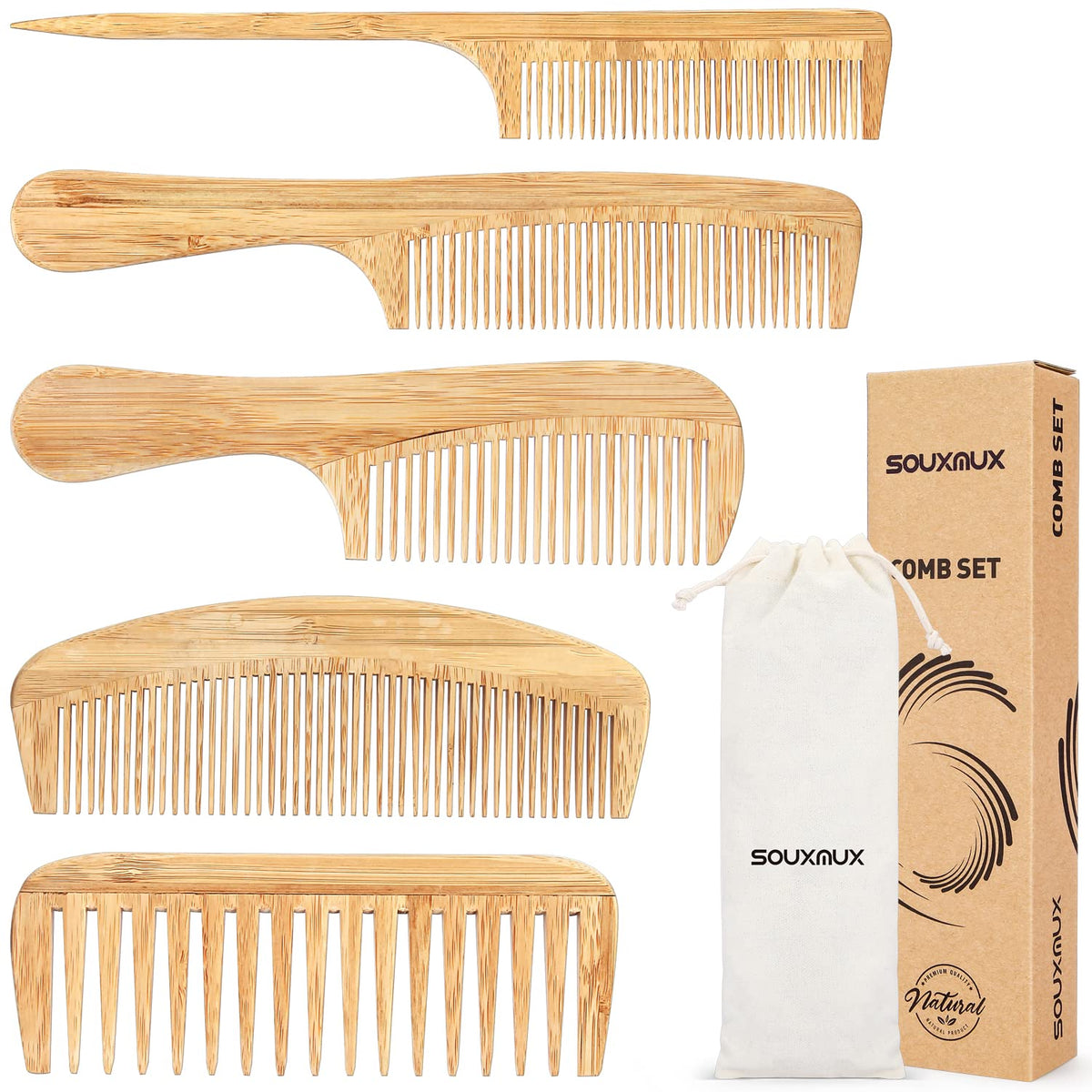 Bamboo Hair Comb Set Wide & Fine Teeth Anti-Static Heat-Resistant – Natural