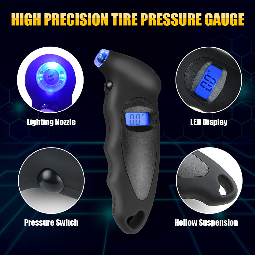 URAQT Digital Tire Pressure Gauge, Digital Tire Air Pressure Gauge Pressure Gauge with LCD Backlit Screen for Bicycle, Car, Motorcycle