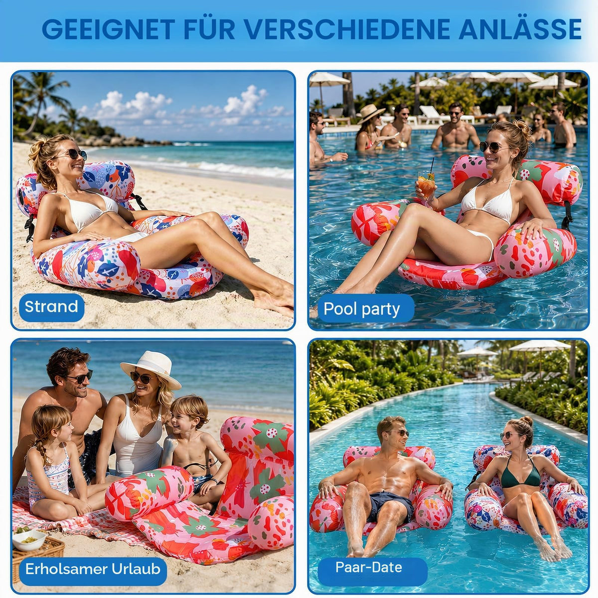 Inflatable Pool Seat Hammock 3-Cushion Adult Floating Lounger 150kg Capacity with Hand Pump – Orange