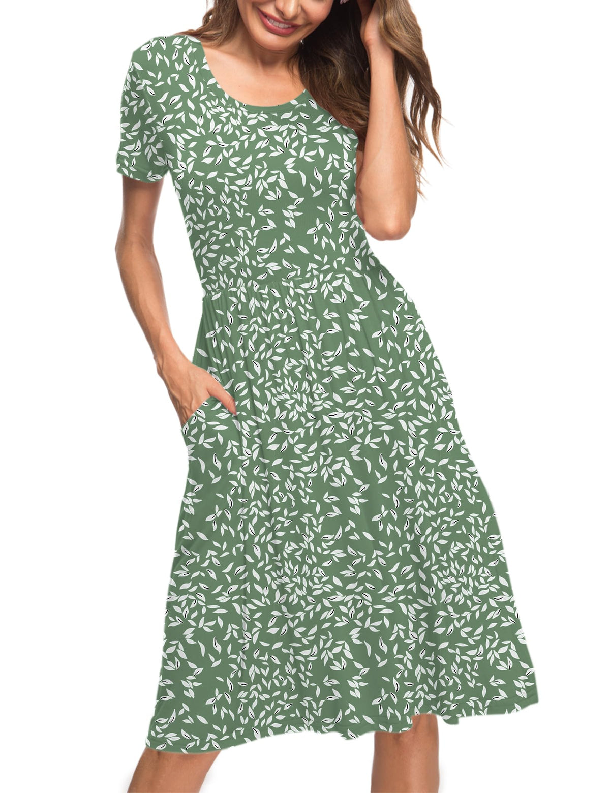 Women’s Knee-Length Short-Sleeve Summer Dress Casual – Olive Green M