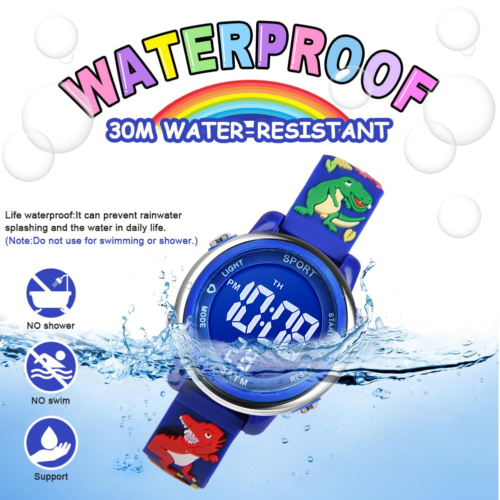 Children's Digital Watch Waterproof with Alarm & Stopwatch – Dinosaur Dark Blue