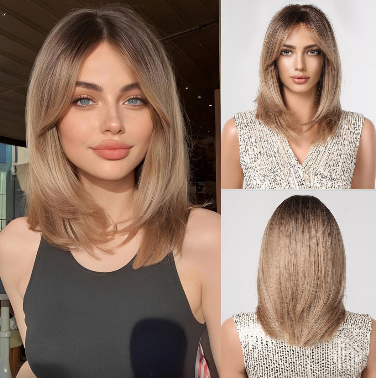 Short Straight Ombre Blonde Bob Wigs with Curtain Bangs – 24 Inch