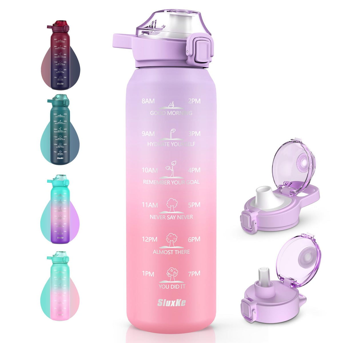 SLUXKE drinking bottle stainless steel 1 liter with time marking, 1L thermos flask with premium leak-proof lid for hot, carbonated and cold drinks PURPLE PINK