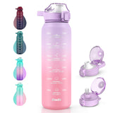 SLUXKE drinking bottle stainless steel 1 liter with time marking, 1L thermos flask with premium leak-proof lid for hot, carbonated and cold drinks PURPLE PINK