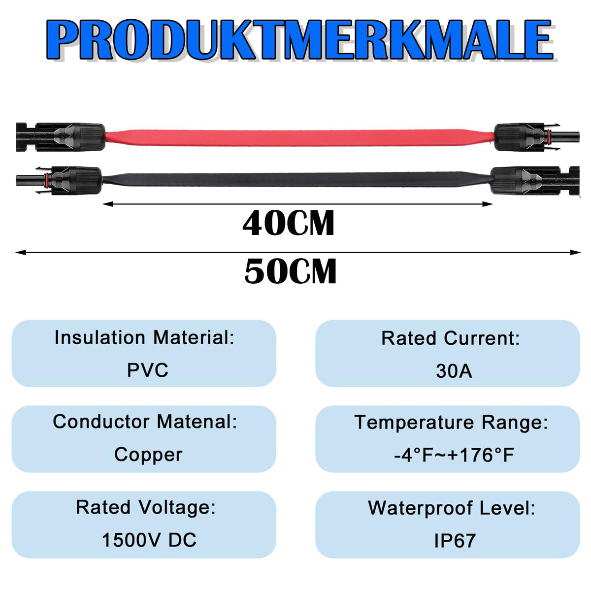 Cablu plat flexibil pentru panouri solare 6mm² lungime 50cm cu conectori, set 4 bucăți