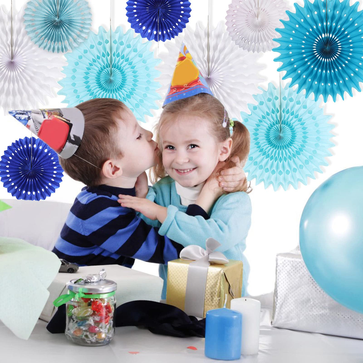 Paper Fan Garland 13-piece Hanging Party Decoration - Blue & White