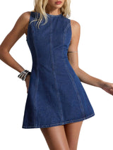 Women's Denim Mini Dress Backless A-Line Summer – Blue L