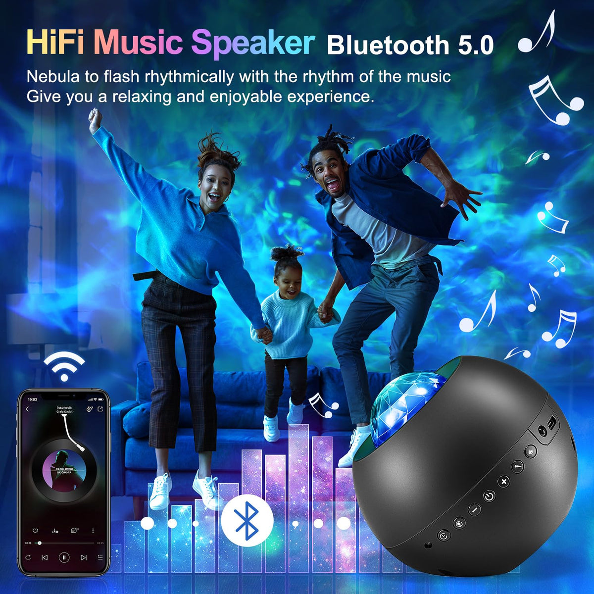 Proiector cer înstelat galaxie cu 20 moduri de lumini, difuzor Bluetooth și 15 sunete albe