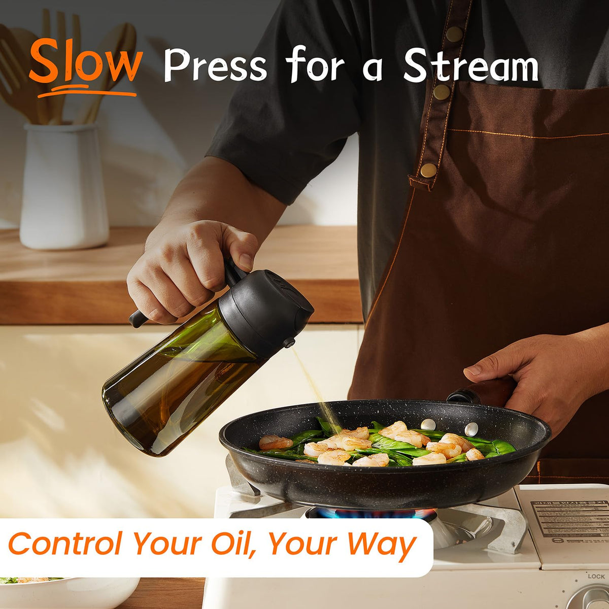 TrendPlain - 470ml Oil Spray Bottle - 2-in-1 Oil Dispenser and Oil Sprayer - Oil Spray with Labels - Kitchen Gadgets for Cooking, Salad, and Grilling - with Light-Proof Design - Black & Ash Gray