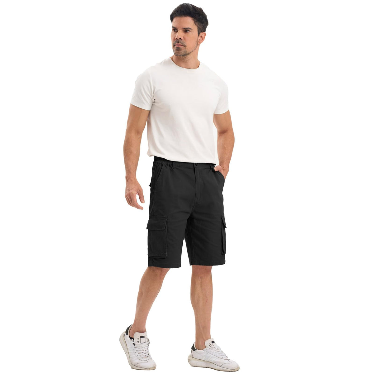 Men’s Cargo Shorts Cotton Chino Elastic Waist Pockets – Black S