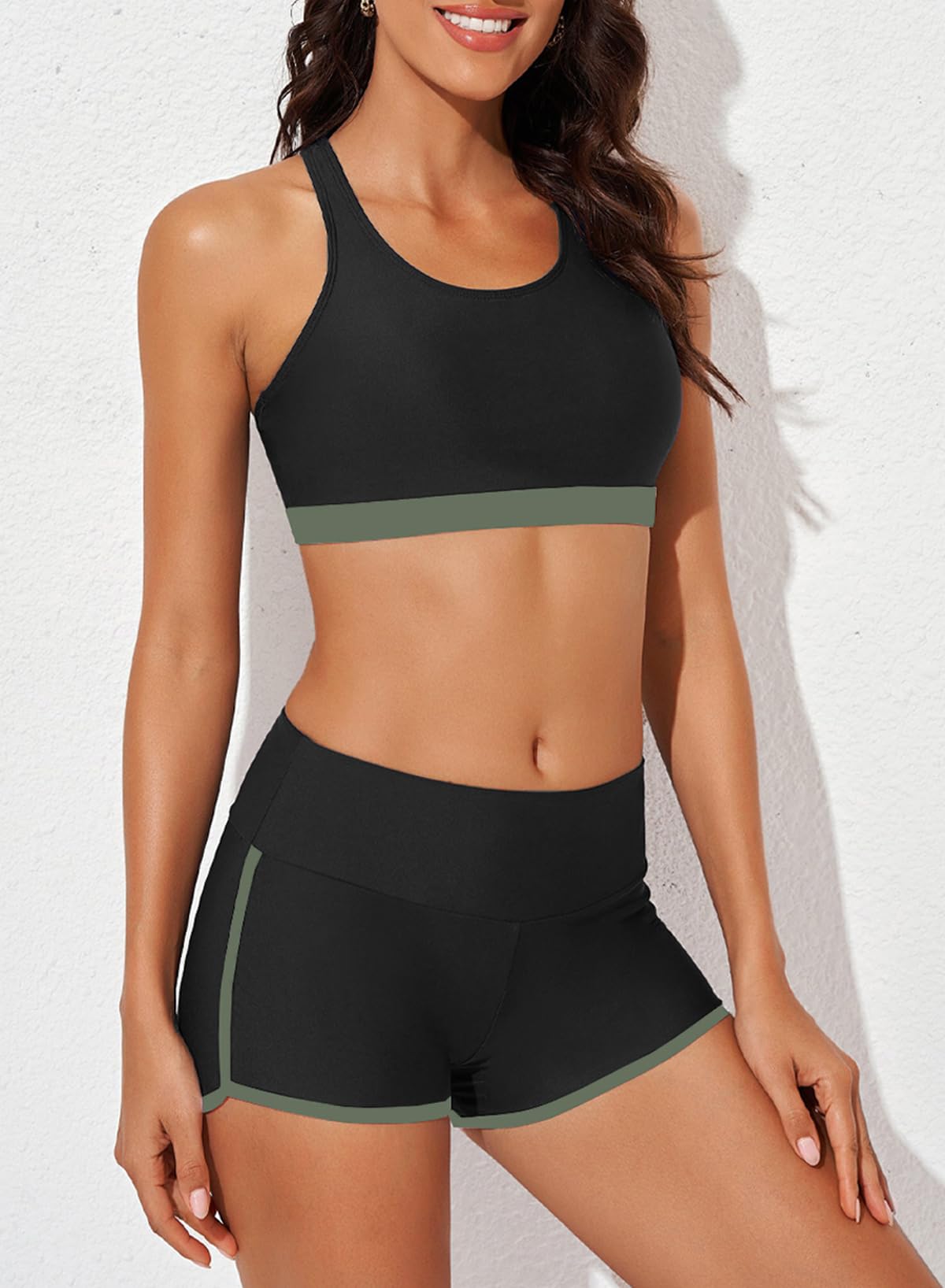 Set costum de baie damă din 3 piese tankini sport și pantaloni scurți talie înaltă – Verde M