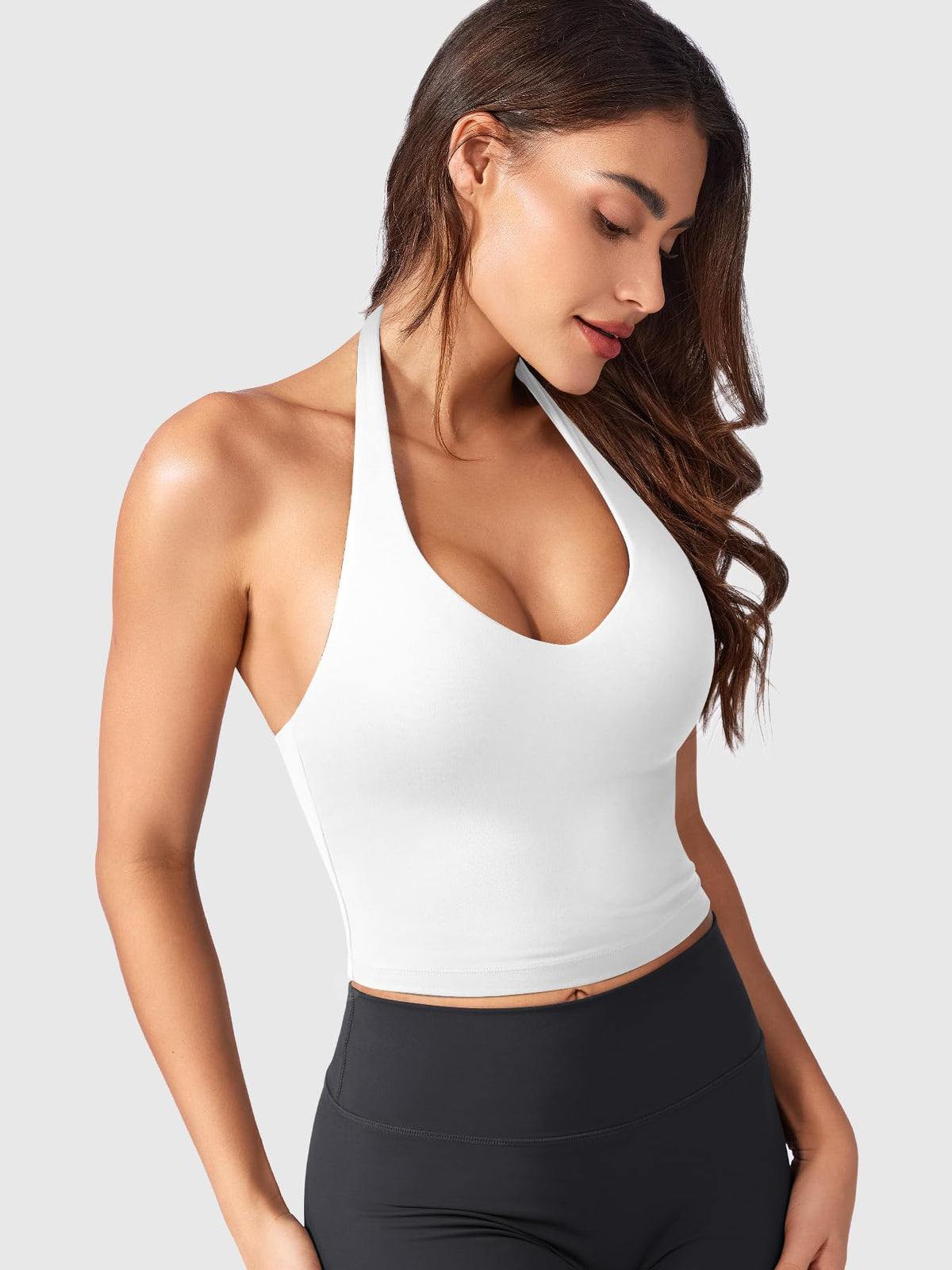 Halter Neck Deep V Padded Crop Top Padded Summer Sleeveless Top – White M
