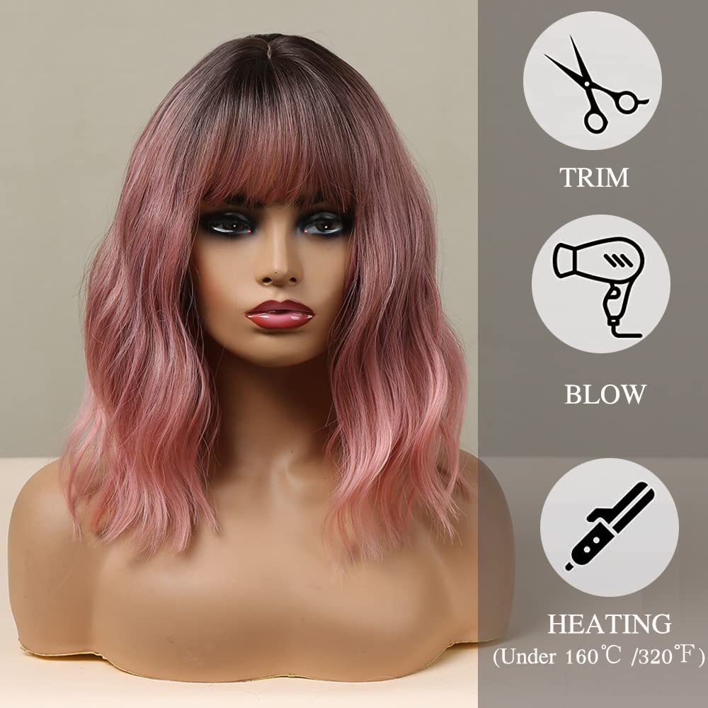 Esmee 14-inch Short Pink Wig with Bangs Synthetic Hair for Women – Ombre