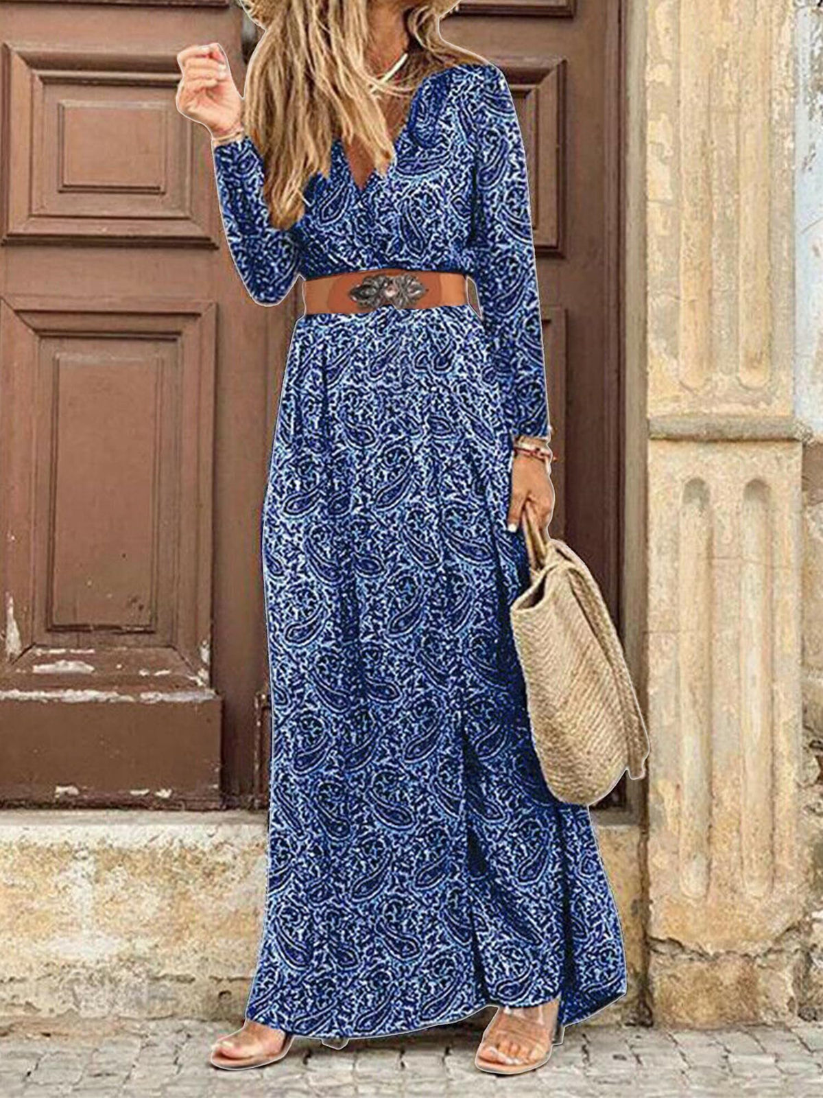 Women's Floral Long Wrap Dress V-Neck Long Sleeve Boho Beach Dress with Belt – Blue L