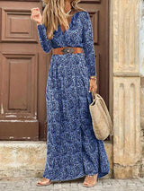 Women's Floral Long Wrap Dress V-Neck Long Sleeve Boho Beach Dress with Belt – Blue L