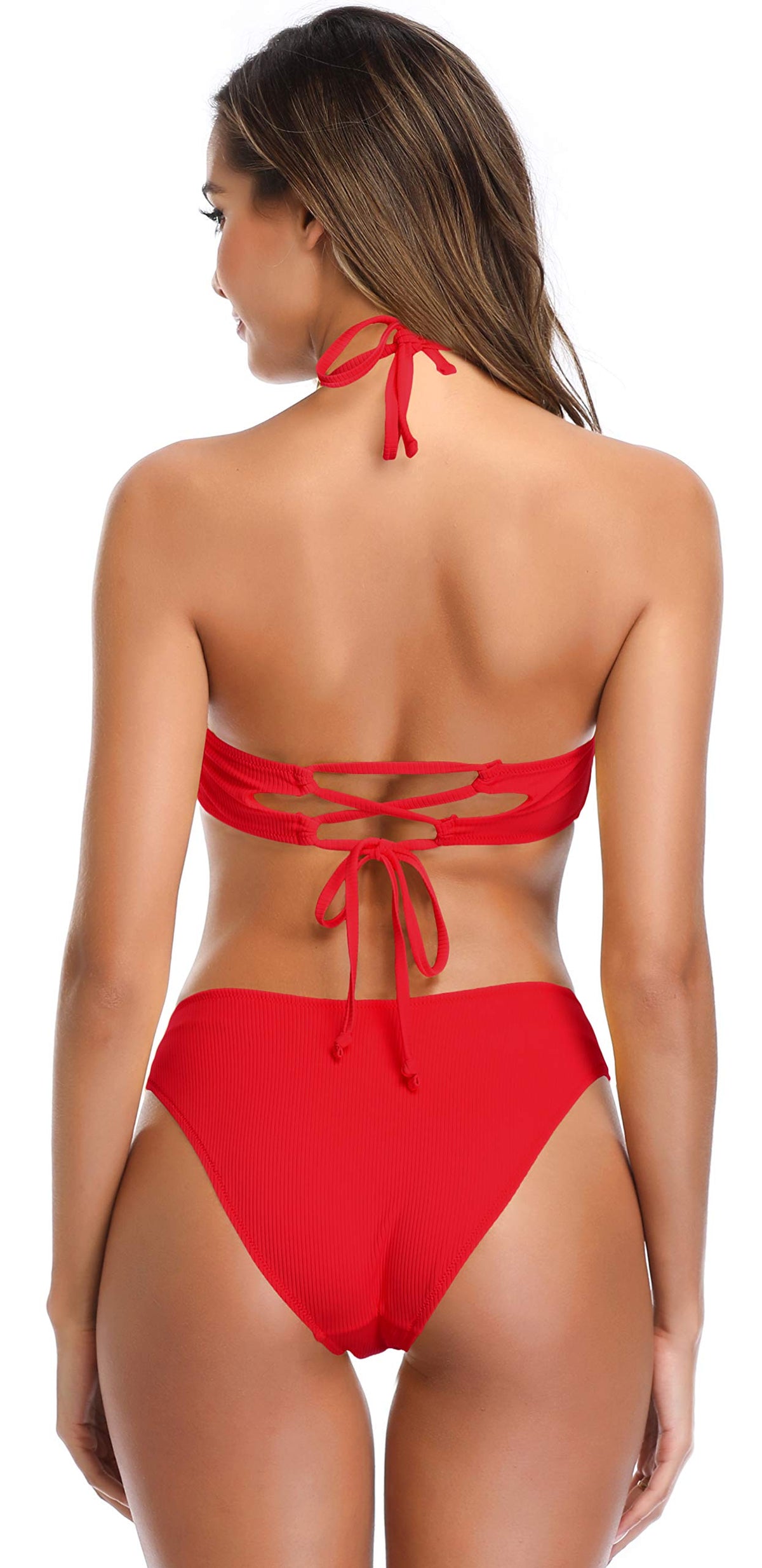 SHEKINI Women's Swimsuits Two Pieces Beach Padded Bikini Bandeau Bikini Top Adjustable Elegant Classic Bikini Women 2 Pieces Beachwear(XL, Red)
