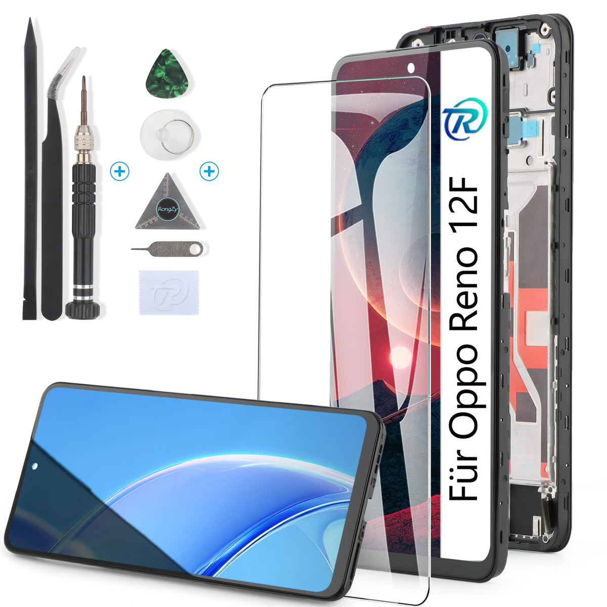 RongZy Display for Oppo Reno12 F, LCD Screen Replacement with Tools – Black with Frame