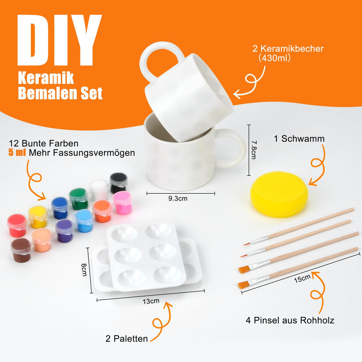 DIY Ceramic Painting Set 2 Mugs 12 Colours 4 Brushes 2 Palettes – 2 Mugs