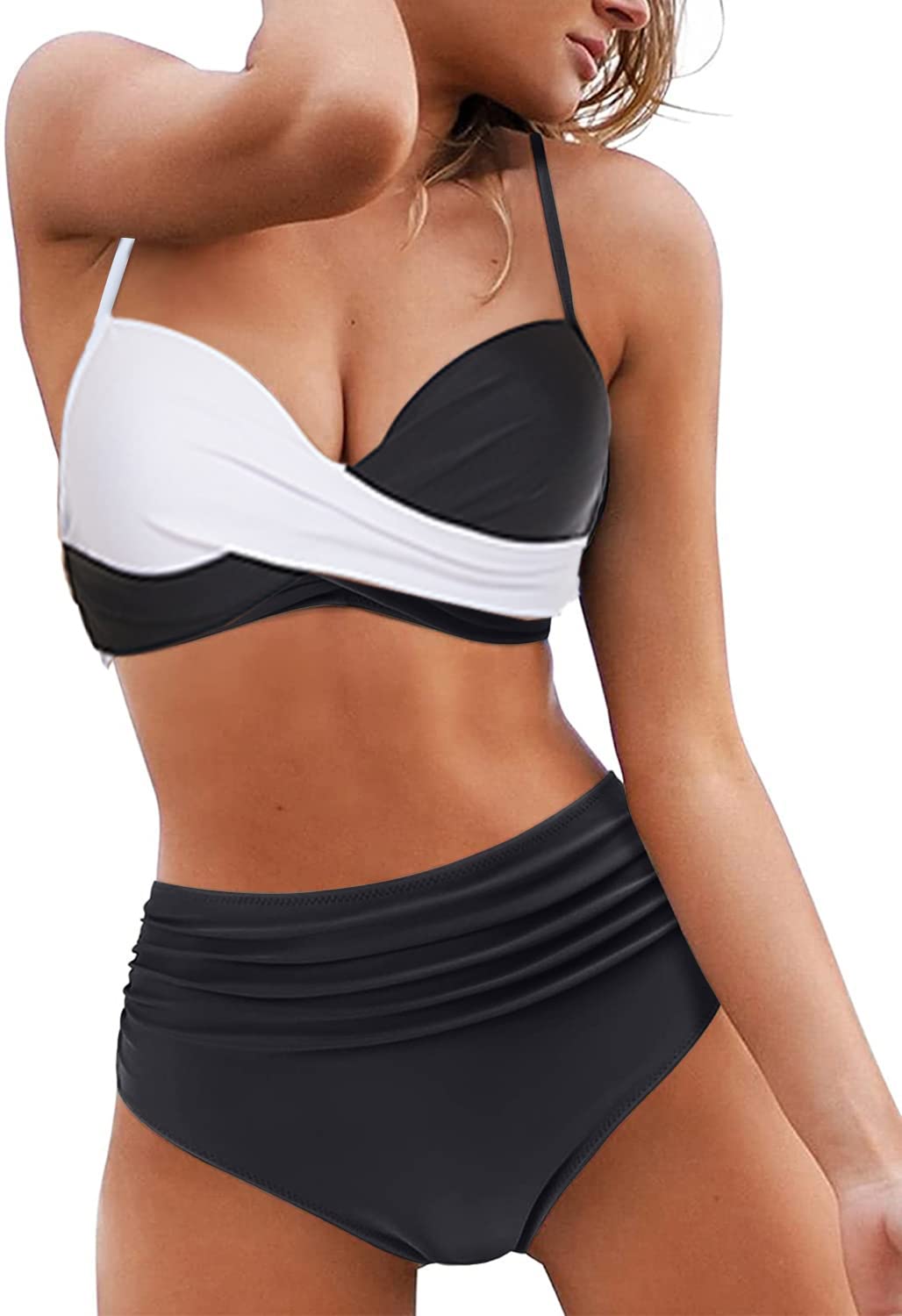 Women's Split Swimsuit Push-Up Underwire Bikini Set Ruched – White S