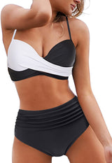 Women's Split Swimsuit Push-Up Underwire Bikini Set Ruched – White S