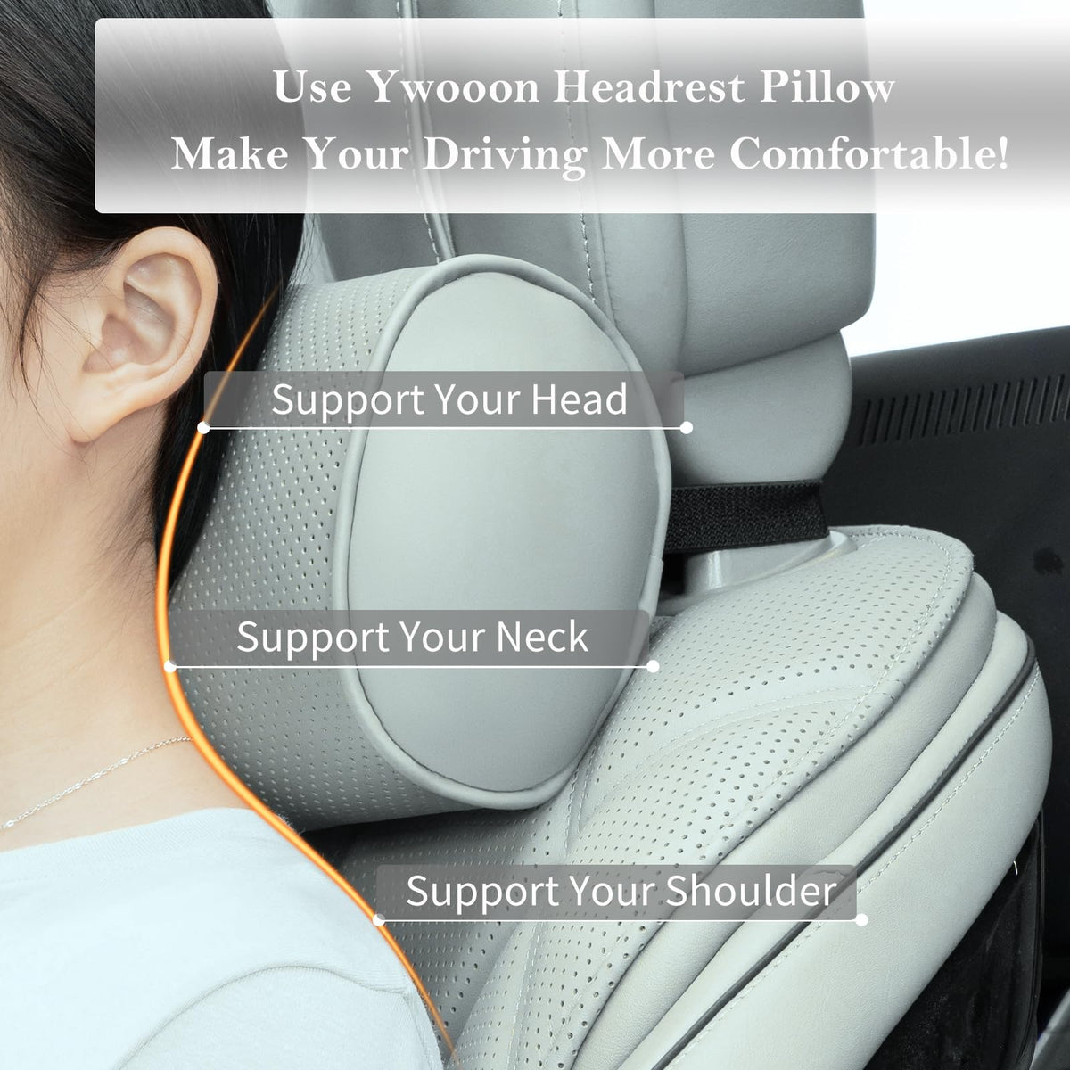 Memory Foam Car Neck Pillow Adjustable Leather Cover for Headrest – Grey