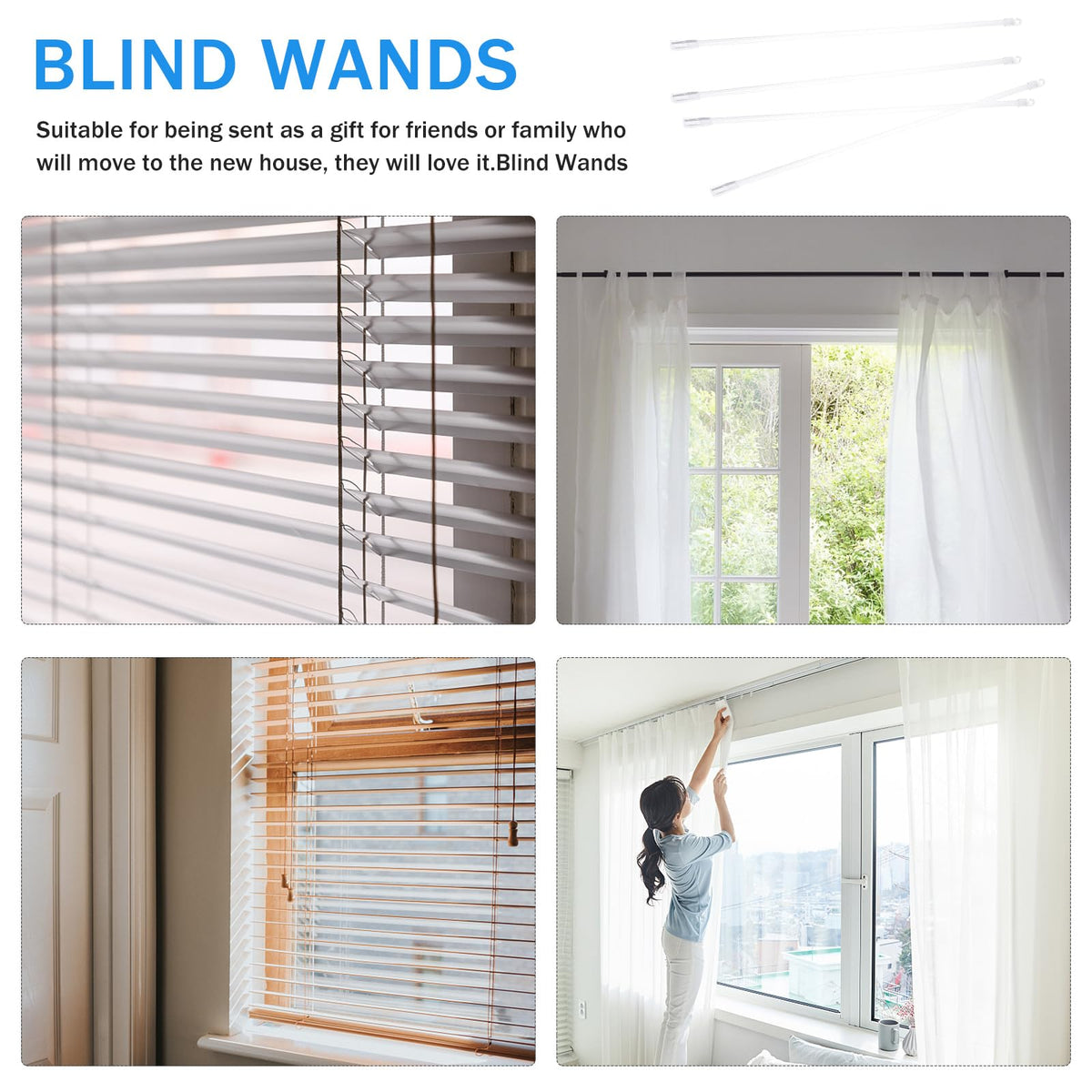 Blind Tilting Wand Replacement 17in 4-Piece with Hook & Handle – Transparent