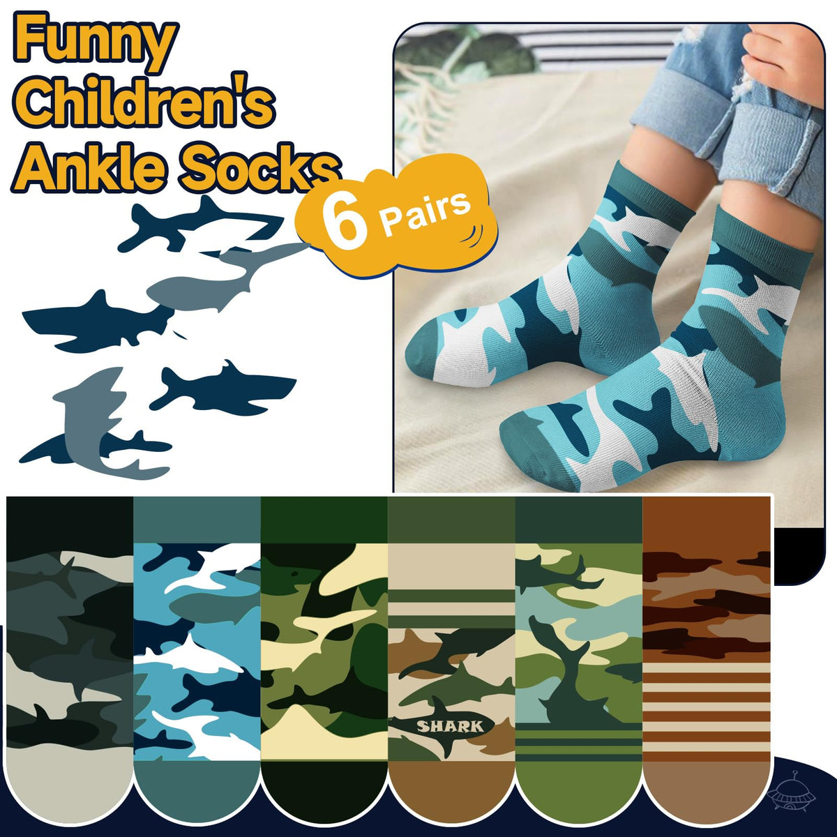 Kids’ Novelty Camouflage Shark Crew Socks 6 Pairs Breathable Soft – Size 28-32