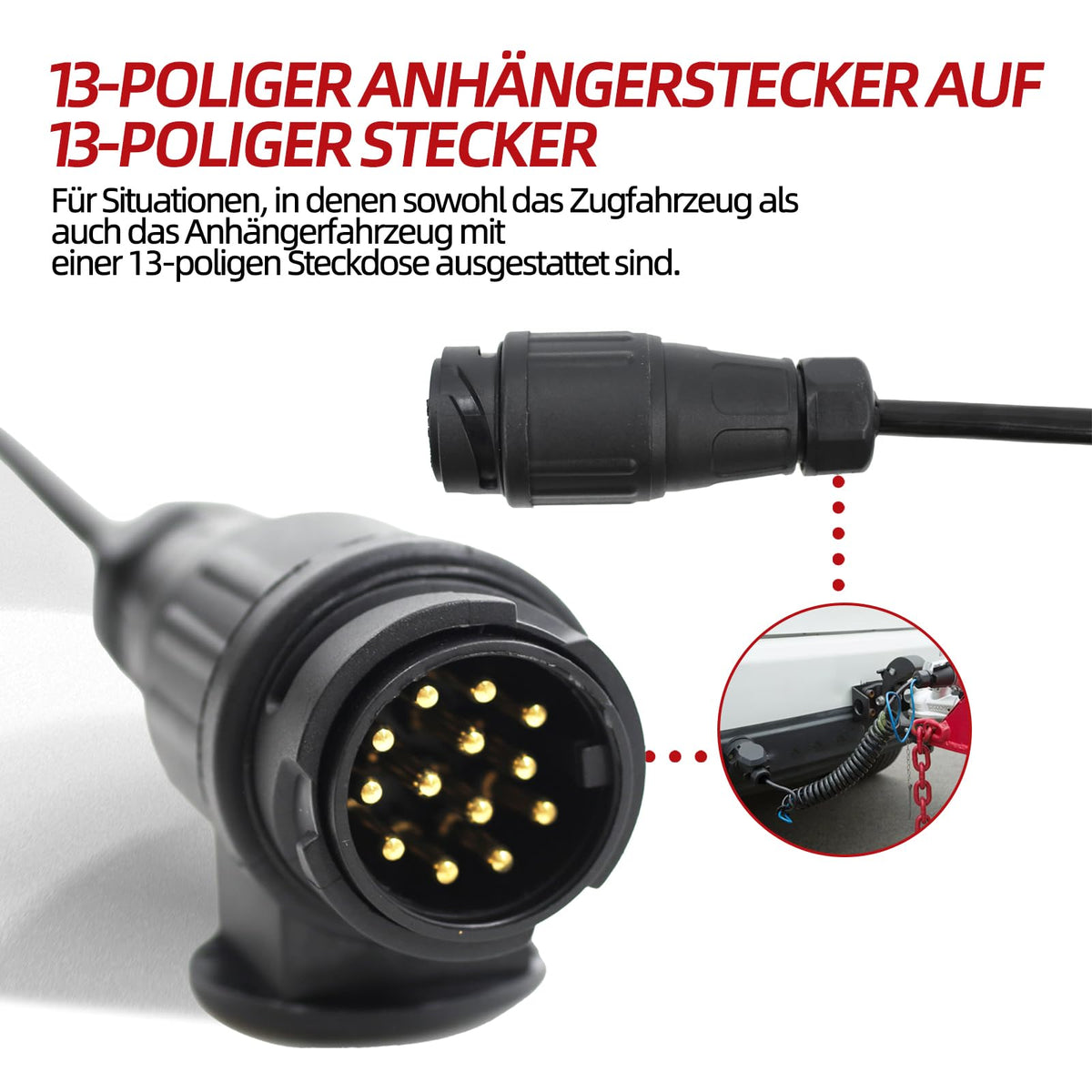13-Pin Coiled Trailer Cable 2m with 13-Pin Plugs - Black 2m