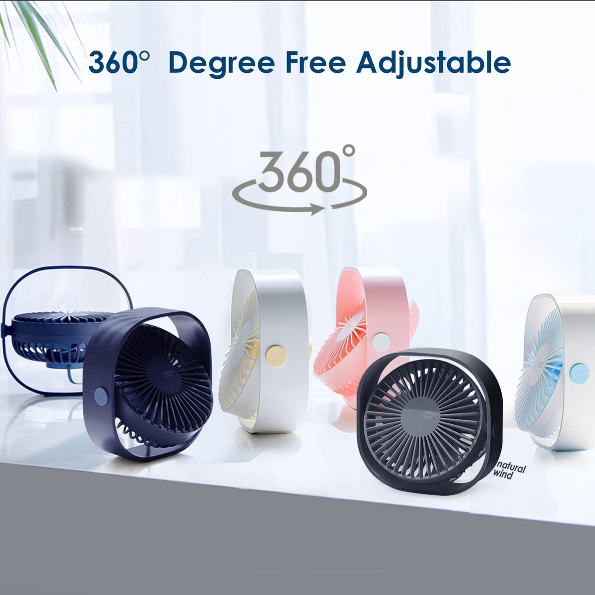 Mini ventilator silențios USB de birou Simpeak rotire 360° 3 trepte – Albastru