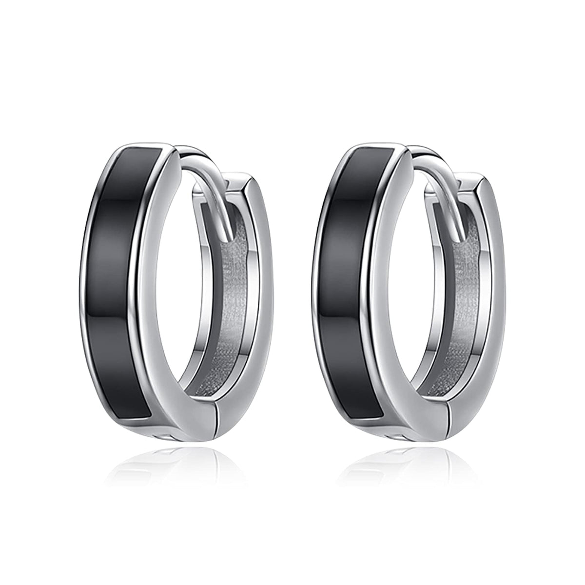 925 Sterling Silver Huggie Hoop Earrings 18mm Unisex Small Sleeper - Black