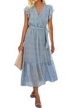 SEVETAT Women's Chiffon Boho Long Dress with Belt Summer Dress Party Dress Elegant V-Neck Maxi Dress Floral Dress Evening Dress Ruffles Beach Dress Cocktail Dress (Light Blue, L)