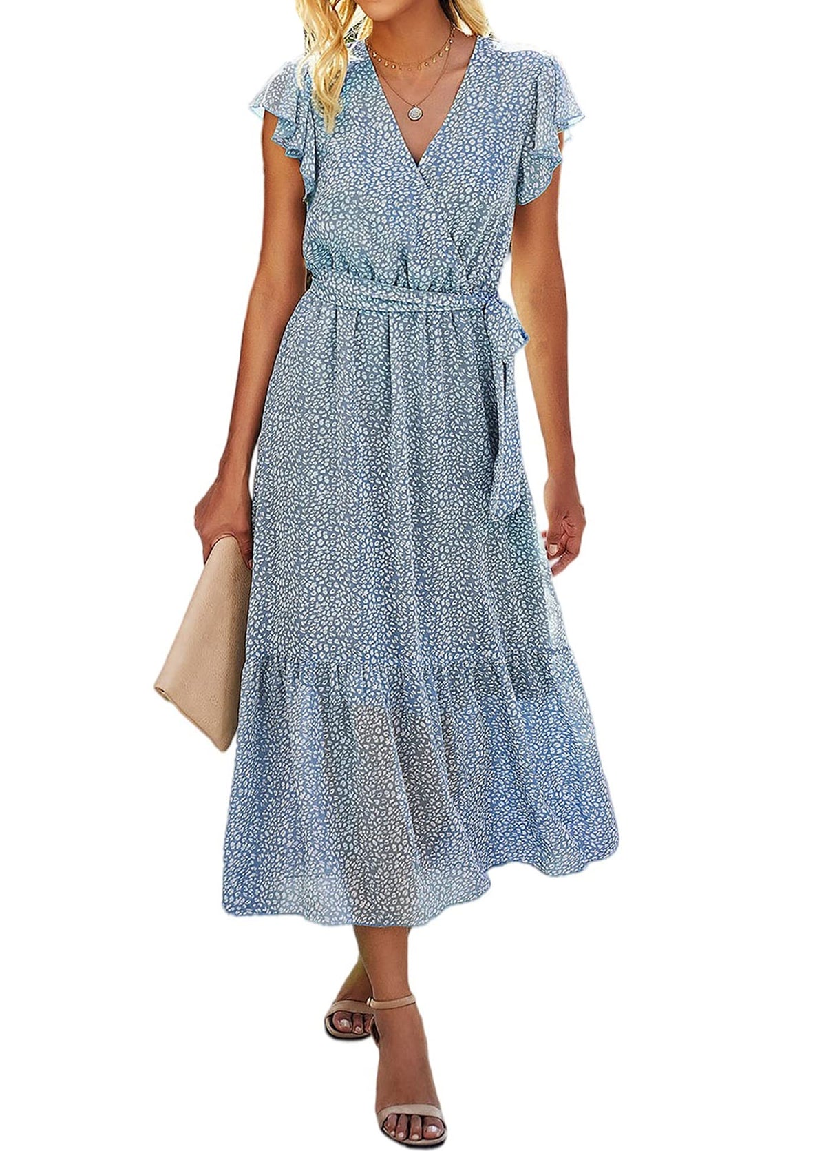 SEVETAT Women's Chiffon Boho Long Dress with Belt Summer Dress Party Dress Elegant V-Neck Maxi Dress Floral Dress Evening Dress Ruffles Beach Dress Cocktail Dress (Light Blue, L)