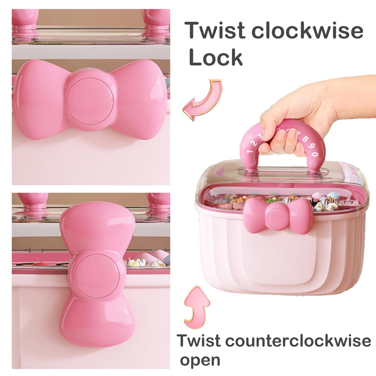 Hair Tie Storage Box with Handle 3-Tier Organizer for Kids Accessories - Pink